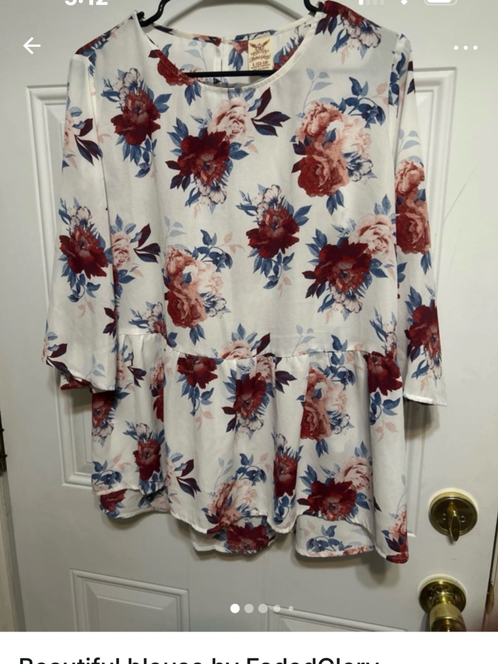 Faded Glory White Floral Peplum Blouse with Red and Blue Flowers